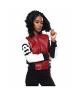 WOMEN 8 BALL POOL RED AND WHITE BOMBER HOODIE LEATHER JACKET FAST SHIP - £79.82 GBP