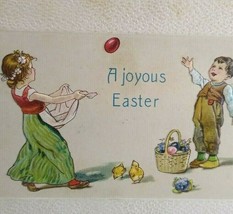 Easter Postcard Vintage Children Throwing Eggs Original Baby Chicks Wide Border - £7.08 GBP