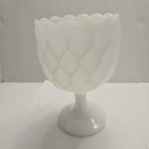 Milk Glass Stemmed Candy Dish Planter Diamond Pattern Scalloped Edge 6.2... - £6.12 GBP