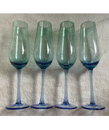 Set Of 4 Blue Green Glass Champagne Flutes Thin Stems 10.25” Tall Excell... - £26.27 GBP