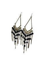 Gold Tone Black Beaded Chandelier Earrings Rhinestones Dangle Hook Boho Hippy 6&quot; - £8.94 GBP