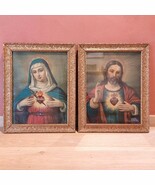 Antique Sacred Heart Jesus &amp; Immaculate Heart Mary Lithographs in Gold F... - $342.87 CAD