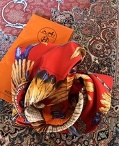 Hermes Scarf BRAZIL feather by Laurence Bourthoumieux 90 cm silk red Carre - £384.93 GBP