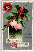 Christmas Postcard Church View Holly Leaves Embossed 3008 Greetings Germany 1910 - £5.46 GBP