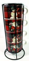 Grace Teaware Santa and Snowman Red Plaid Stacking Porcelain Mugs New Wi... - $32.71
