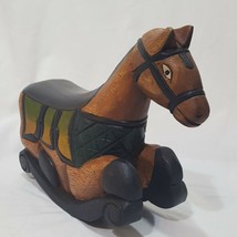 Wooden Carved Rocking Horse Painted Pier 1 Mantel Figurine Brown Green 8&quot; Wood  - £46.36 GBP