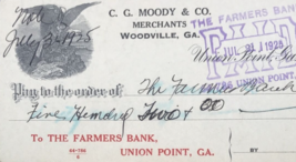 VTG 1925 CG Moody &amp; Co Merchants Woodville GA Georgia Cancelled Check - £9.99 GBP