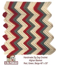 Handcrafted  Zig Zag Crochet Afghan Blanket Red, Green, Beige 46&quot; x 35&quot; - £15.58 GBP