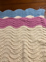 Vtg Handmade Crochet Afghan Blanket Throw Cream Beige Blue Mauve Shell 48”x50” - £22.82 GBP