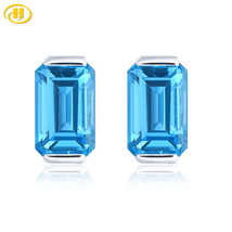 Natural Blue Topaz  9K White Gold Stud Earring - £140.60 GBP+