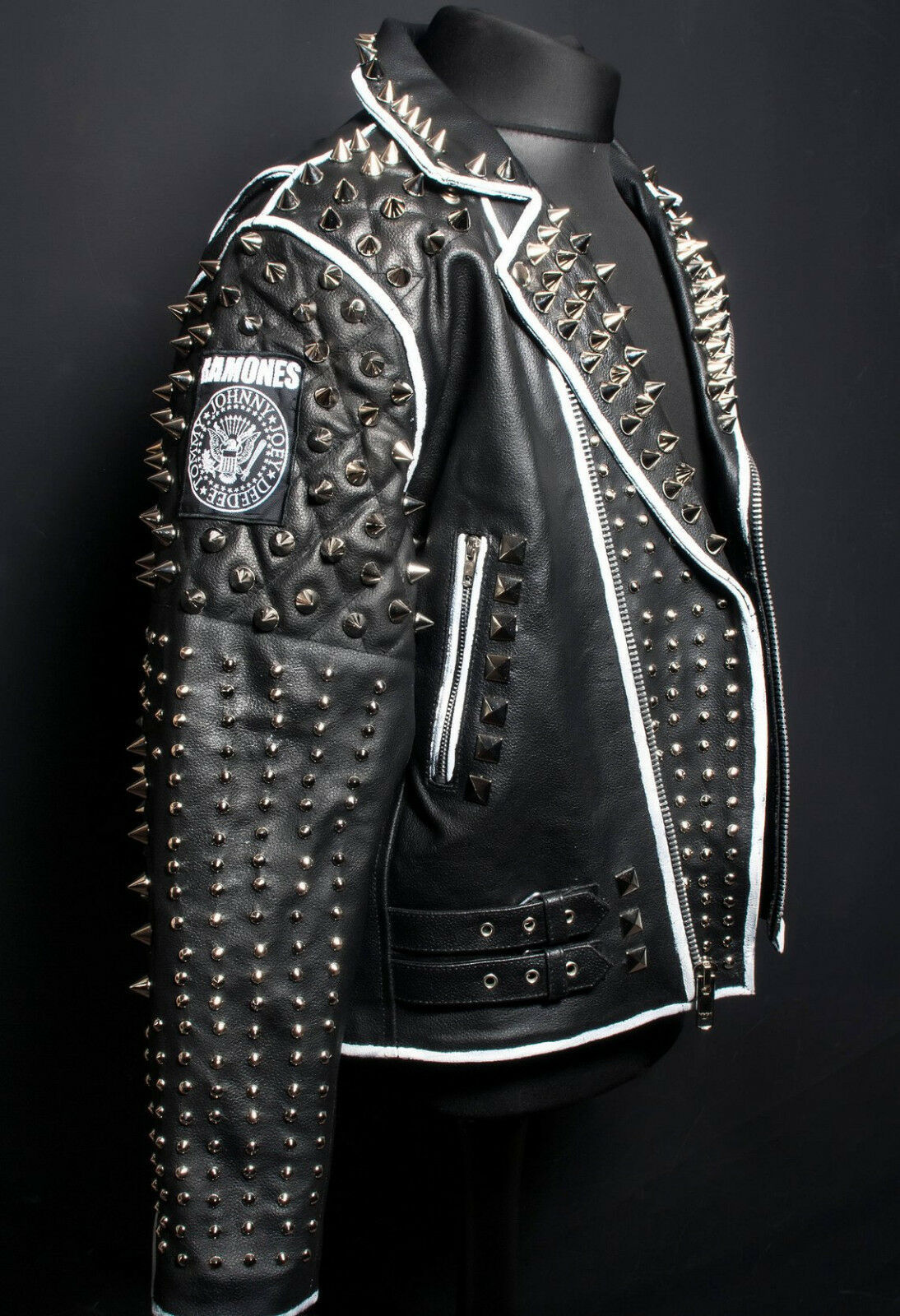 Women's Black Ramones Patches Leather Silver Spike Studded White Lining Jacket