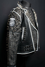 Women&#39;s Black Ramones Patches Leather Silver Spike Studded White Lining Jacket - £254.38 GBP