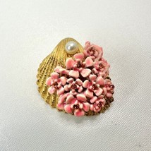 Enamel Flower Brooch Vtg Pink Blue Seashell Pearl Pin Mid Century MOD An... - £18.45 GBP