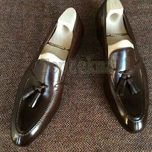 Handmade Men&#39;s Leather New Brown Classic Tassel Loafers Custom made Shoes-768  - $194.74