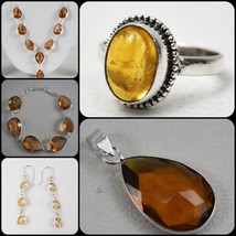 925 Silver Citrine Gemstone Pendant Earrings Ring Bracelet Combo Set Women Gift - £81.81 GBP