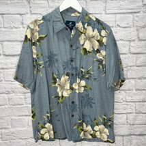 Caribbean Joe Mens Short Sleeve Silk Shirt Size L Blue Hawaiian Floral  - £22.03 GBP