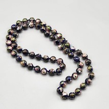 Chinese Cloisonné Beaded 10mm Blue Necklace Floral Enamel Gold Hand Knotted 28&quot; - £91.31 GBP