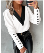 Spring Autumn Fashion V-neck Solid Color Long Sleeved Button Blouse Shirt - £22.27 GBP+