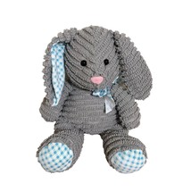 Hug Fun Corduroy Bunny Plush Stuffed Animal Gray Rabbit With Plaid Bow Soft - £10.11 GBP