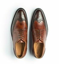 Handmade Two Tone Brown Wing Tip Full Brogue Toe Vintage Leather Lace Up Shoes - £121.78 GBP+