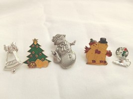 Christmas pins pin lot of 5 Snowman Tree Bell Candle Gold Silver Tone Pewter - £6.15 GBP