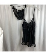 Womens Black Sheer Lace Babydoll Dress Set Panties Thong Sheer M - $13.80