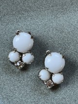 Vintage Prongset White Plastic Cabs w Clear Rhinestone Accent Silvertone... - $11.29