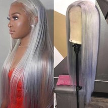 Long Straight Synthetic Lace Front Wig Silver Ombre Gray Wig 180% Densit... - $558.87 MXN