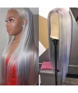 Long Straight Synthetic Lace Front Wig Silver Ombre Gray Wig 180% Densit... - €25,47 EUR