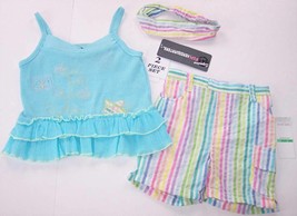 NWT Kids Headquarters Girl&#39;s Aqua Pastel Stripe Play Set Outfit, 12M, 18M or 24M - £9.33 GBP