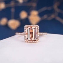 14k Rose Gold Plated 2.20Ct Emerald Cut Simulated Morganite Engagement Halo Ring - £60.91 GBP