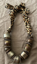 Vintage Necklace Metal Largw Beads With Leopard Fabric Around Neck - £4.05 GBP