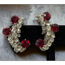 Faux Diamond Ruby Earrings Rhinestone Silver Tone 1 Inch Clip on Prong Set Vtg - £13.57 GBP