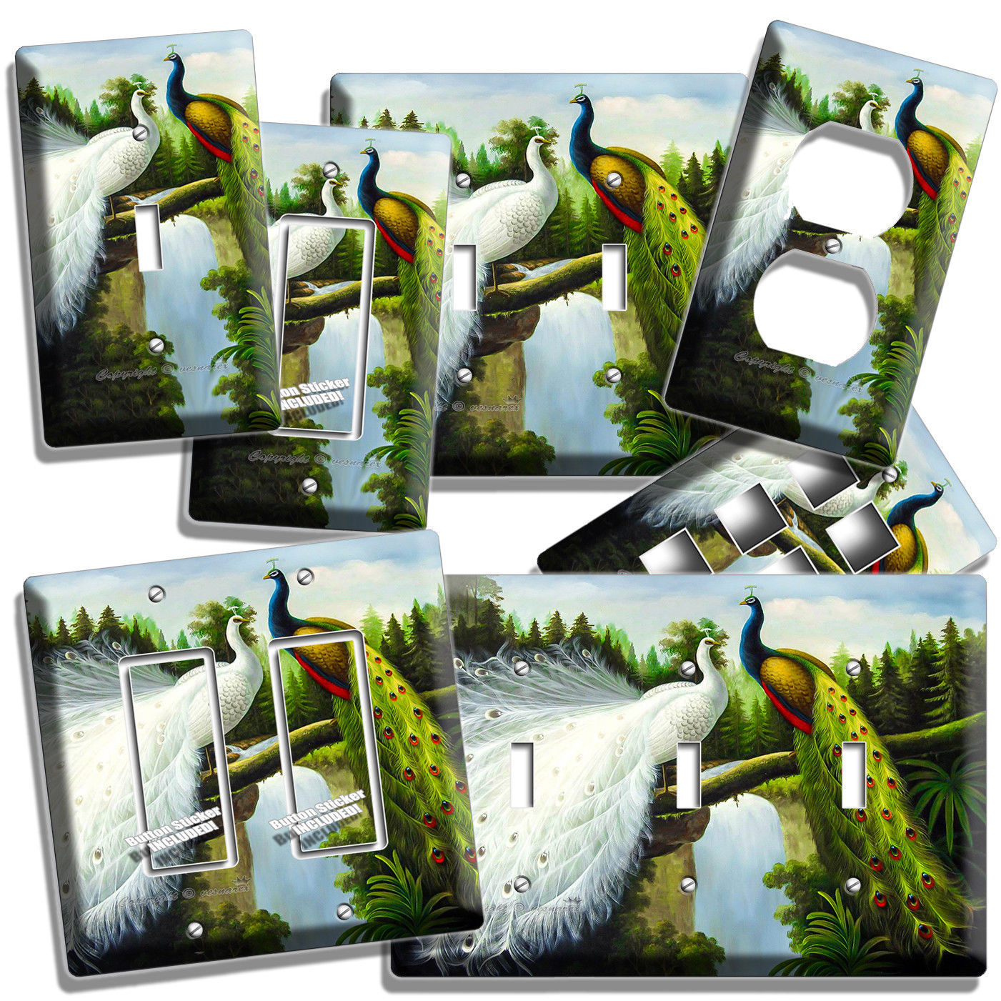PEACOCKS BIRDS WHITE COLORFUL FEATHERS LIGHT SWITCH OUTLET WALL PLATE ROOM DECOR