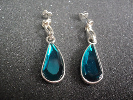 Dark Turquoise Glass Earrings in Silver-Toned Settings PIERCED POST Dangles Vtg - £10.88 GBP