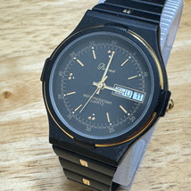 Vintage Parmex Quartz Watch Men Gold Tone Black Day Date Analog New Battery - £19.84 GBP