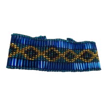 Beaded Cuff Bracelet Magnetic Blue Gold Geometric Design Fashion Jewelry Vintage - £9.82 GBP