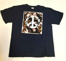 Womens Peace Sign Floral Graphic Tshirt Size L NAVY BLUE EUC - $16.82
