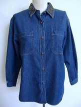 Clifford &amp; Wills CW Denim Button Down Beaded Blouse Shirt Top M Leaf Emb... - $12.99