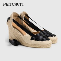 Color Matching Wedge Espadrille Women&#39;s Shoes Blue Ribbon Ankle Strap Hollow Bao - £81.10 GBP