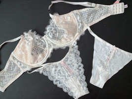 NWT Victoria&#39;s Secret unlined 36DDD BRA SET M panty lot ivory WHITE lace floral - $89.09