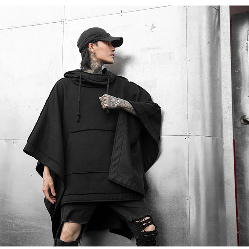 Autumn and winter new men&#39;s loose Bat Cape National Tide Dark mid-long fashion c - £147.08 GBP