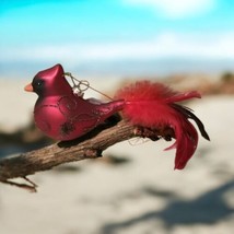 Red Cardinal Bird W/ Feathers Glitter Glass Christmas Holiday Tree Ornament NWT - $14.36