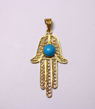 Egypt Handmade Blue Evil Eye Hamsa Hand Pendant 18K Yellow Solid Gold 2.5 Gr - £234.86 GBP