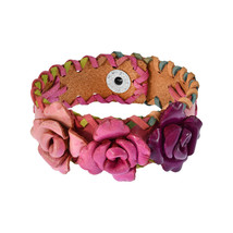 Three Rose Bouquet Pink and Purple Handcrafted Leather Bracelet - £12.38 GBP