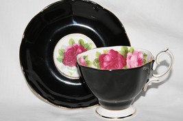 Royal Albert England Black with Pink Roses Tea Cup &amp; Saucer Set #2268 - £37.59 GBP