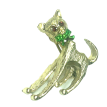 Vintage Cat Pin Christmas Green Bow Red Eyes Signed Gerry&#39;s Moving Head - £11.16 GBP