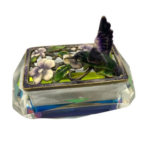 Primary image for Glass Crystal Prism Trinket Box with Enamel, Pewter, Filigree lid w/Hummingbird