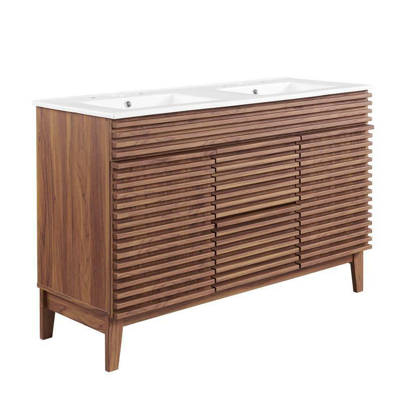 48&quot; Mid-Century Double Sink Bathroom Vanity Walnut Grain Tapered Legs Wh... - £707.05 GBP