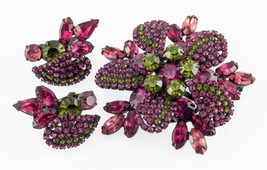 Vendome Pink and Green Rhinestone Jewelry Set in Black Metal Brooch and Earrings - £389.37 GBP